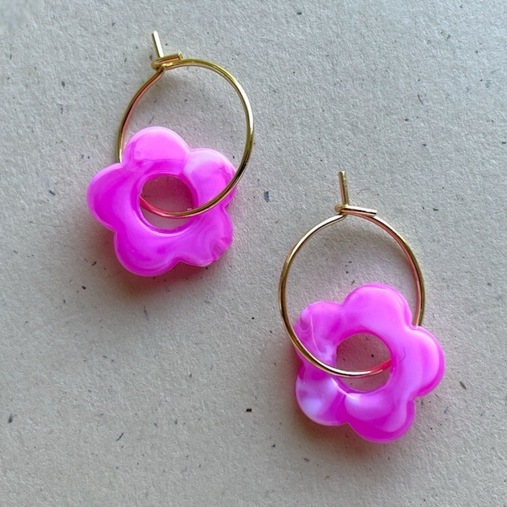 Gold Pink Flower Hoops